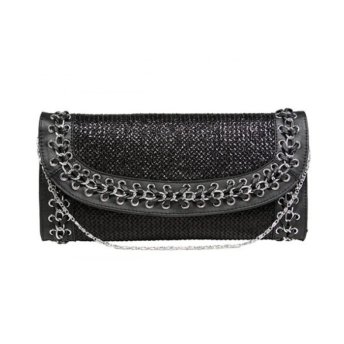 Evening Bag - Straw Like w/ Whipped Chain Trim - Black - BG-92126B